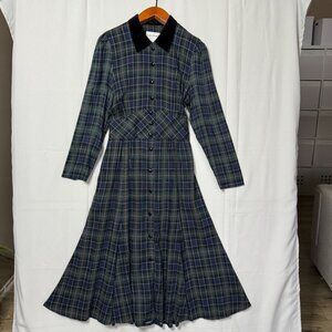 Vintage 80s L.G.Star Blue Forest Green Plaid Puff Sleeve Long Midi Dress Size 12